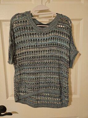 Vintage Take Out Blue Marled Open Knit Short Sleeve Sweater (Medium)